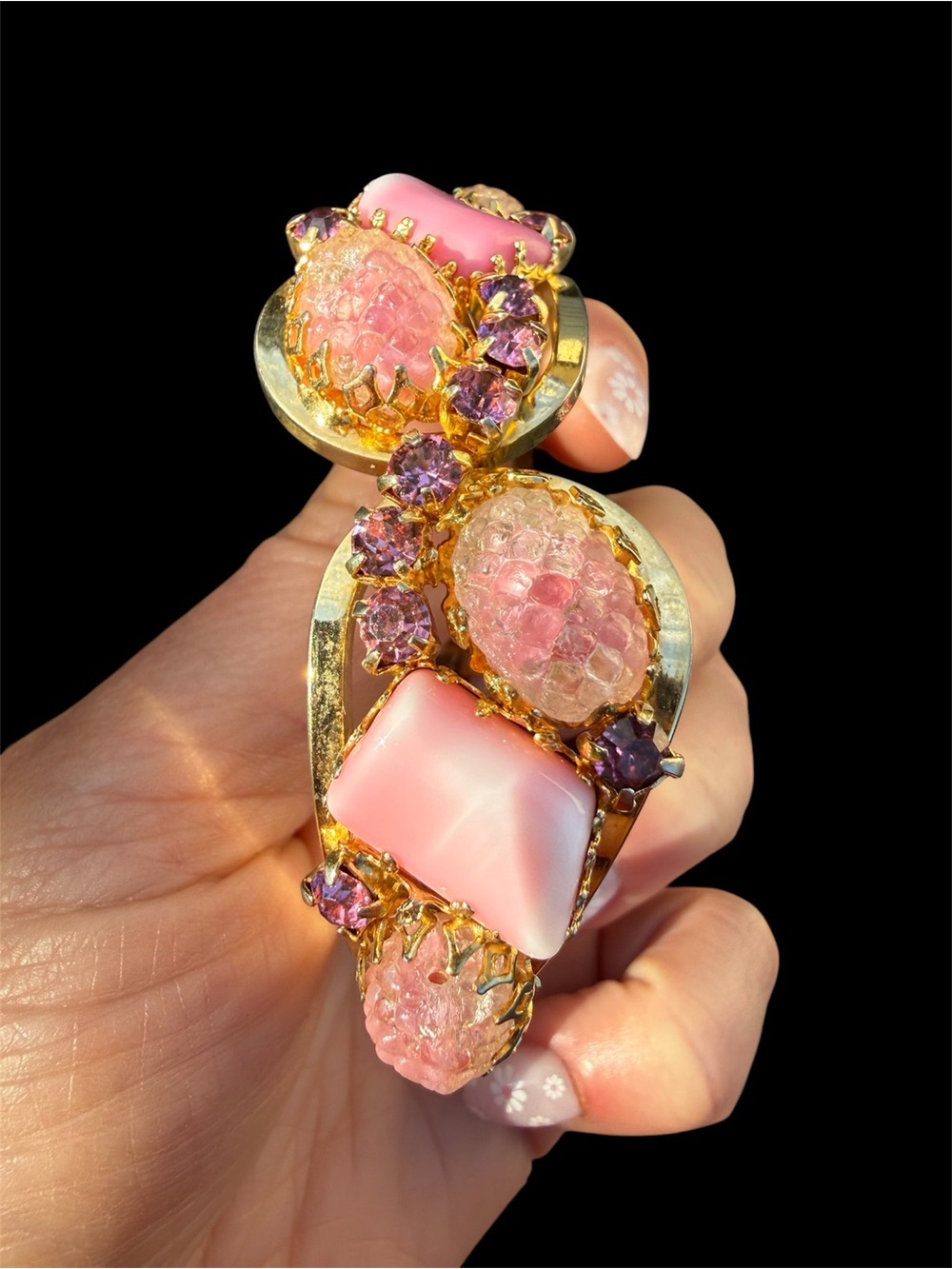 Vintage pink rhinestone clamper bracelet